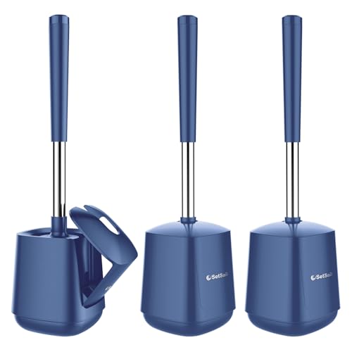 SetSail Toilet Brush and Holder 3 Pack, Self Closing Lid Toilet Bowl Brushes Holder Extra Long Handle Ventilated Toilet Brush Set for Bathroom Cleaning, Nylon Bristles, Dark & Blue