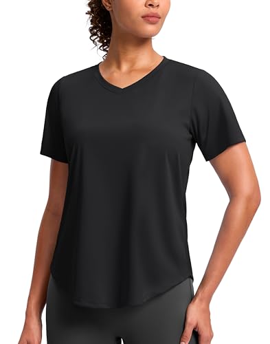 Womens Workout Shirts V-Neck Short Sleeve UPF 50+ Sun Shirt Moisture Wicking Dry Fit Top for Gym, Running, Athletic (Black, L)