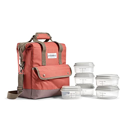 Fit & Fresh Douglas Adult Insulated Lunch Bag with Front Pouch & Carry Strap, Complete Lunch Kit Includes 6 Containers, Chestnut, Large