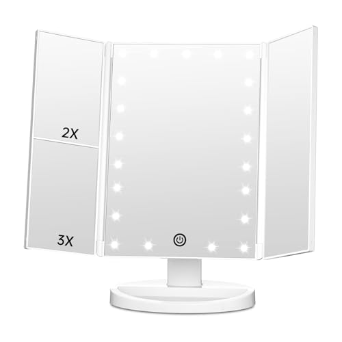 FASCINATE Trifold Vanity Mirror with Lights, Lighted Makeup Mirror 2X/3X Magnification, 21 LED Touch Dimming, Dual Power 180° Rotation Lit Beauty Table Mirror, Make up Mirror with Lighting