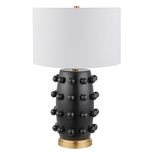 Henn&Hart 25.5'' Modern 1-Light Ceramic Table Lamp with Spherical Orbs on Lamp Body with White Fabric Drum Shade for Living Room, Bedroom, or Office, Matte Black