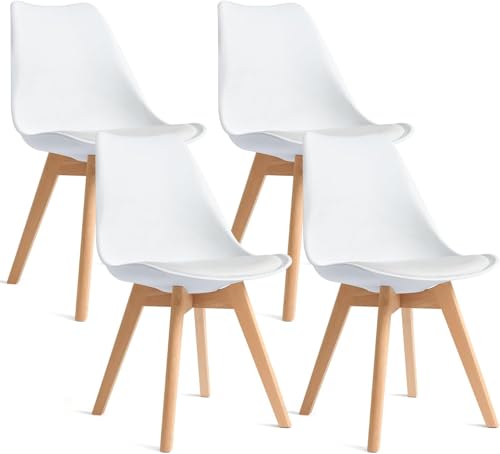CangLong Dining Chairs Set of 4, Mid Century Modern Kitchen and Dining Chair, Soft Padded Dining Desk Chairs with Wood Legs, for Kitchen, Dining, Living Room & Bedroom, White