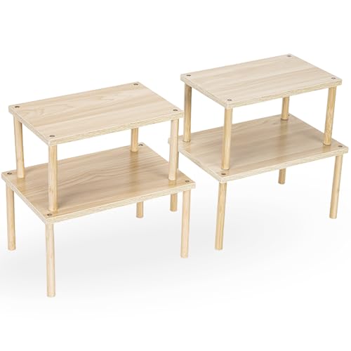Aminigram Wood Cabinet Organizer Shelf, Set of 4 Kitchen Counter Shelves, Stackable Plate Organizer for Cabinet, Pantry Cupboard Dish Mug Cup Storage Shelf
