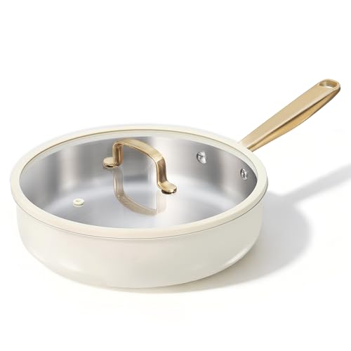 CAROTE 10" Stainless Steel Frying Pan with Lid, Outer Ceramic Layer, Non-Toxic, Even Heating，Oven Safe, Induction, Ceramic and Gas Cooktops Compatible, White