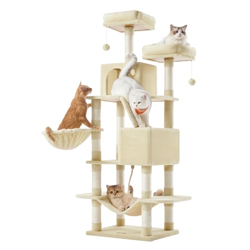 Feandrea Cat Tree, 66.1-Inch Large Cat Tower, Multi-Level Plush Condo with 13 Scratching Posts, 2 Perches, 2 Caves, Basket, Hammock, Pompoms, Beige UPCT165M01