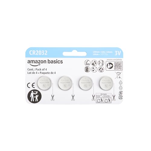 Amazon Basics CR2032 3V Lithium Coin Cell Batteries, Child-Proof Package, Non-Coated, AirTag Compatible, 4-Pack