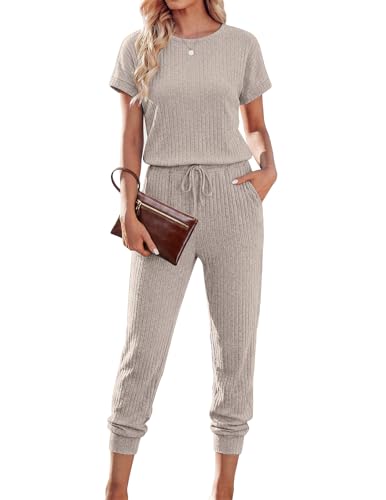 Ekouaer Jumpsuits for Women Dressy Casual Romper Summer Short Sleeve Ribbed Vacation Outfits 2026 Travel Clothes Beige S
