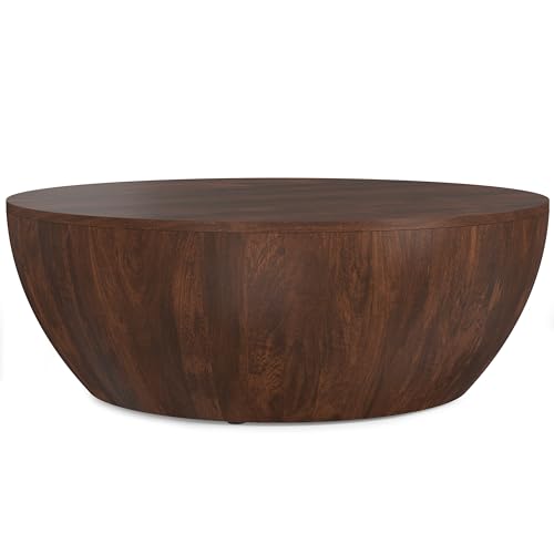 SIMPLIHOME Elmbrook Coffee Table - 34" Wide x 12" High Solid Mango Wood Modern Industrial Round Drum Cocktail Table in Walnut Brown, Sculptural Living Room Table with Low Profile Design, Assembled