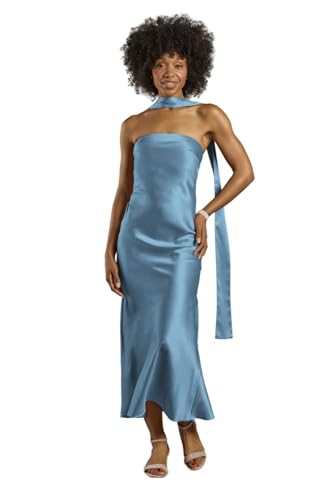 David's Bridal The Edit by DB Studio Strapless Charmeuse Sheath Dress with Scarf, Elegant Satin Formal Dress for Wedding Guest, Cocktail and Evening Events with Sleek Fitted Silhouette, Lake