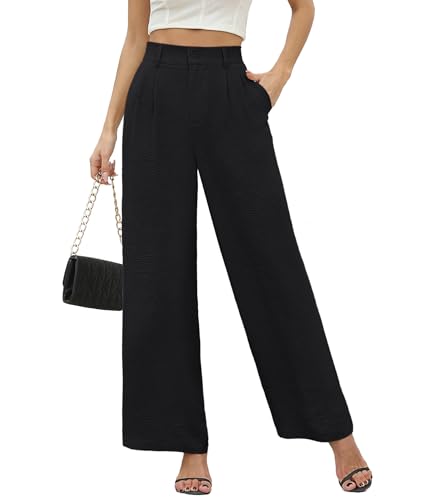 CZYINXIAN Women's Dressy Work Office Pants High Waisted-Wide Leg Casual Pants with Pockets(Black,Medium)