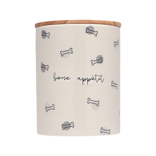 Pearhead Bone Appétit Ceramic Dog Treat Jar with Airtight Wooden Lid – Cute & Stylish Pet Treat Canister Keeps Dog Snacks Fresh – Durable, Easy-to-Clean Design, Kitchen Counter Décor, 4 Cup / 32 oz