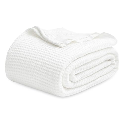 Bedsure Gentlesoft 100% Cotton Blanket Queen Size for Bed - Cooling Breathable and Soft for Summer, Thick Cozy Waffle Weave Blanket Gifts for Women, White, 90x90 Inches