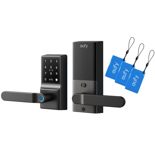 eufy Smart Lock C33 with 3pcs NFC Card, Keyless Fingerprint Door Lock with Handle, Built-in Wi-Fi, Remote Control, Biometric Entry, Auto-Locking