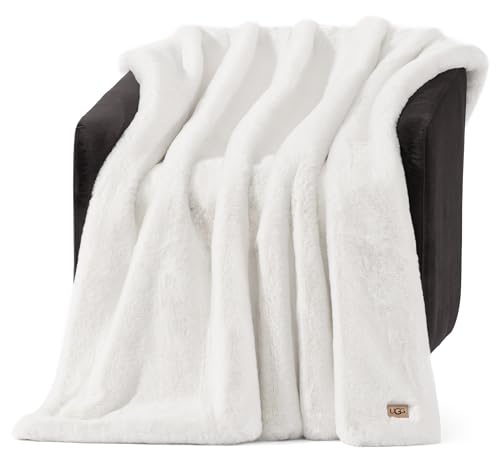 UGG Euphoria Faux Fur Throw Blanket, Warm Fluffy for Couch or Bed, Luxury Bedroom Decor, Blankets, Machine Washable, 50-inch x 70-inch, White Snow