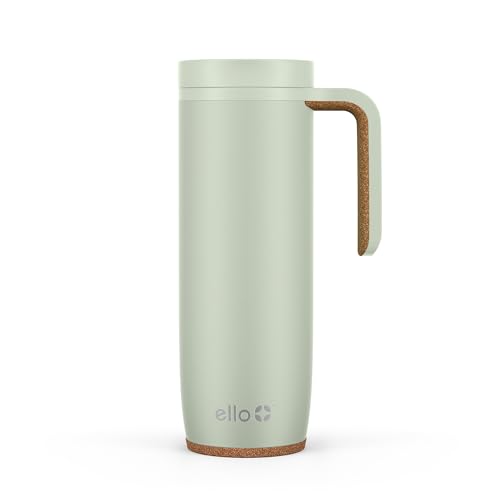 Ello Magnet 18oz Stainless Steel Travel Mug with Handle and Leak Proof Lid | Vacuum Insulated Coffee Cup Keeps Drinks Hot for 5 Hours | BPA Free Tumbler with Built In Coaster, Sage