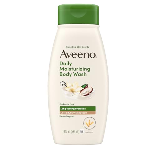 Aveeno Daily Moisturizing Body Wash with A Cocoa Butter Vanilla Scent & Soothing Prebiotic Oat, Provides Long-Lasting Hydration for Sensitive Skin, Hypoallergenic, Paraben-Free, 18 fl. oz