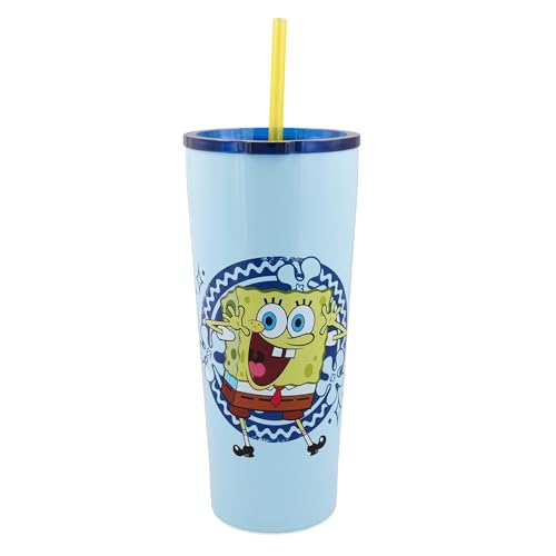 Silver Buffalo Spongebob Squarepants Happy Jazz Hands Double Walled Stainless Steel Tumbler with Straw, 22 Ounces