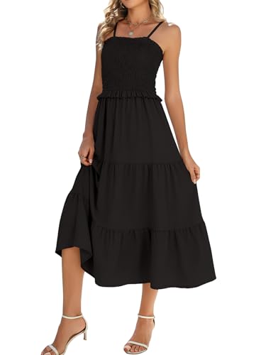 Younrui Black Summer Dresses for Women 2026 Spaghetti Strap Sleeveless Long Maxi Sundress Ruffle Frill Smocked Dress(M-1075-Black)