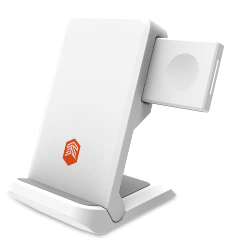 STM ChargeTree Go - 3-in-1 Portable Wireless Charging Station for iPhone, Samsung, Android (15W/7.5W), AirPods (5W), Apple Watch (3W) - Qi Certified - White.
