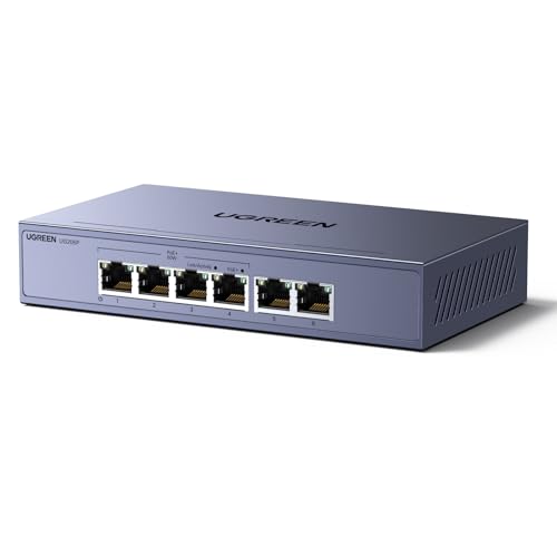 UGREEN Ethernet Switch, 6 Port PoE Switch, 4 PoE+@60W and 2 Gigabit Uplink, Plug & Play, Standard/Port Isolation(VLAN)/Extend Mode, Sturdy Metal, Metal Unmanaged Network Splitter for Security Camera