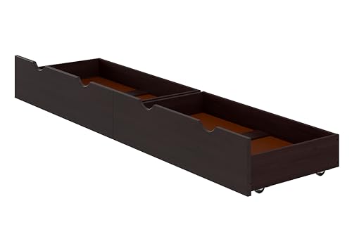Alaterre Furniture Under Bed Storage Drawers - Set of 2 Solid Wood Rolling Under Bed Storage with Wheels - Fits Bed Frames 9.75” High - Underbed Containers for Shoes, Clothes, and Toys (Espresso)