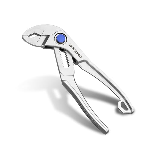 WORKPRO Mini Water Pump Pliers, 4-Inch Groove Joint Pliers, Fast Adjustable Tongue and Groove Pliers with 15-Position Push-Lock, V-Jaw for Multi-Surface Grip, Ideal for Tight Spaces and Versatile Use