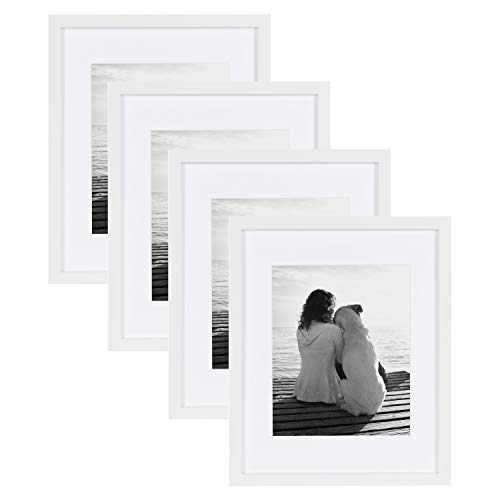 DesignOvation Gallery Wood Photo Frame Set for Customizable Wall Display, White 11x14 matted to 8x10, Pack of 4