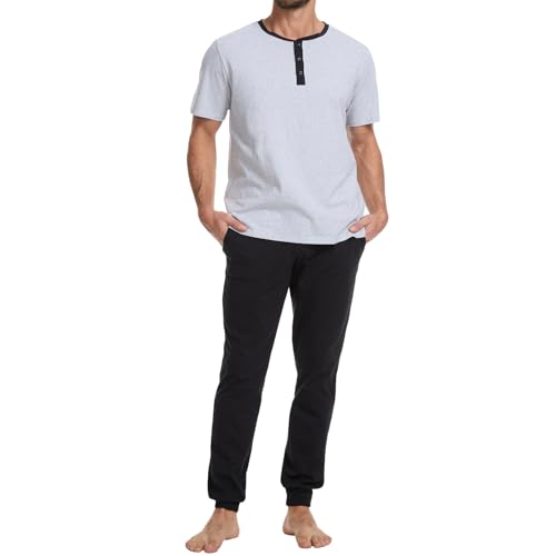 Navisting Men's 100% Cotton Short Sleeve Pajama Set with Henley Neckline Cotton Soft and Comfortable Nightwear 2-Piece Lounge Set XL Grey and Black
