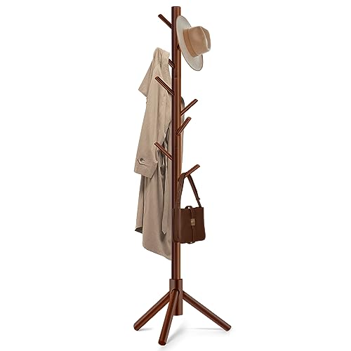 Freyawin Solid Wooden Coat Rack Freestanding, New Zealand Pine Coat Tree with 8 Hooks & 3 Adjustable Sizes for Coats, Hats, Handbags and Scarves, Space Saving for Entryway/Office/Bedroom (Brown)