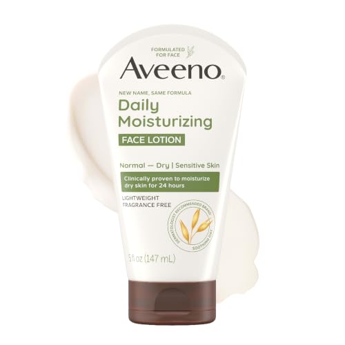 Aveeno Daily Moisturizing Face Lotion with Soothing Prebiotic Oat, Lightweight Non-Greasy Facial Moisturizer for Normal to Dry, Sensitive Skin, 24-Hour Moisture, Fragrance-Free, 5 Oz