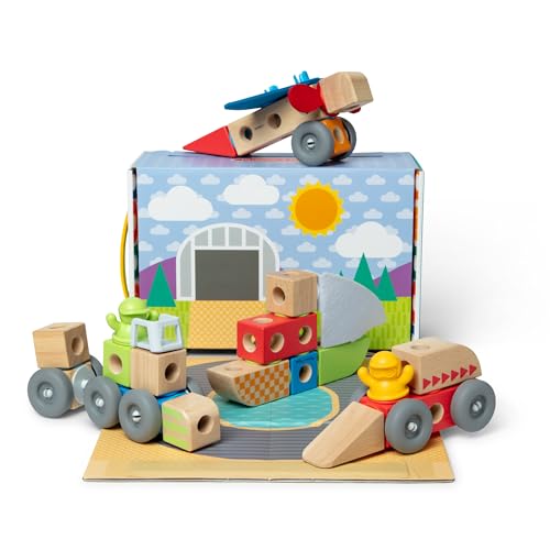 Melissa & Doug Blockables™ Vehicles Snap and Play, Mix and Match Connectable Wooden Building Blocks Play Set Toy for Preschool Boys and Girls (54 Pcs)