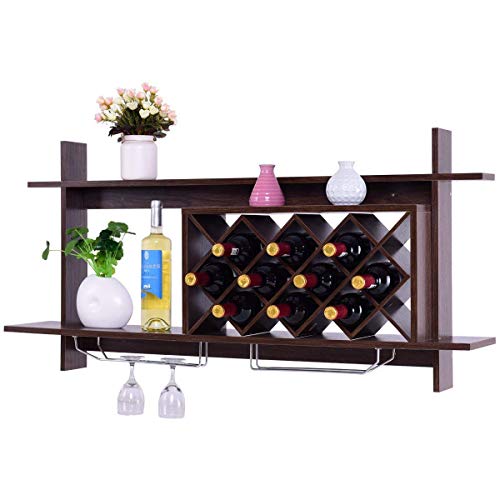 Giantex Wine Rack Wall Mounted, 6-Bottle Wood Hanging Wall Wine Rack Shelf w/Glass Holder, Modern Diamond-Shaped Wine Glass Rack, Floating Wine Shelves for Home Bar, Kitchen, Dining Room, Black