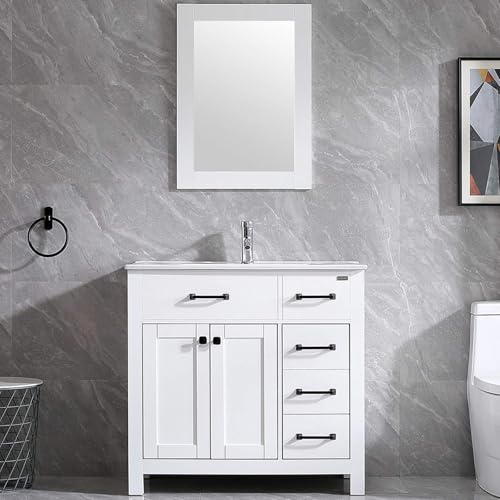 wonline 36" Bathroom Vanity and Sink Combo Cabinet Undermount Ceramic Vessel Sink Chrome Faucet Drain with Mirror Vanities Set