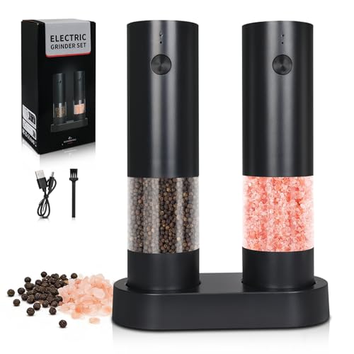 Electric Salt & Pepper Grinder Set of 2,Adjustable Coarseness with USB C Charging Rechargeable for Women &Men (Black Set)