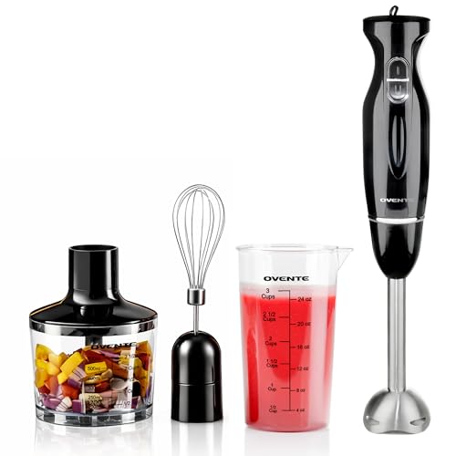 OVENTE Immersion Hand Blender Set, 300W Electric Handheld Stick Mixer, 2 Mixing Speeds with Stainless Steel Blades, Egg Whisk, Beaker & BPA-Free Food Chopper, Black HS565B