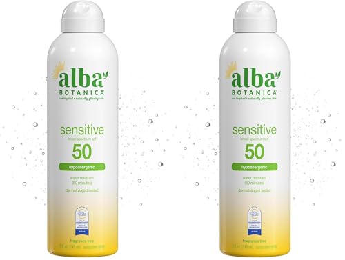 Alba Botanica Sensitive Sunscreen Spray for Face and Body, Fragrance-Free, Broad Spectrum SPF 50, Water Resistant, 5 fl. oz. Bottle (Pack of 2)