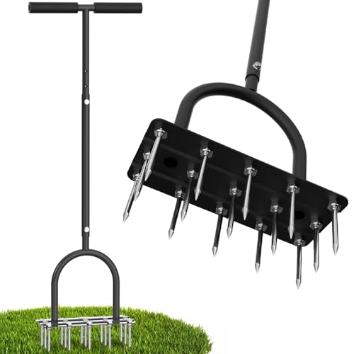 Aerator Lawn Tool Lawn Aerator -Heavy Duty Manual Grass Aerator with 15 Iron Spikes, Height Adjustable, Yard Aerator Tool for Lawn（Black）