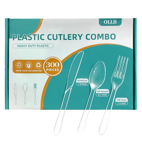OLLII Plastic Silverware 300 Count Heavy Duty Disposable Clear Cutlery Set 120 Forks 120 Spoons 60 Knives for Parties Picnics Wedding Events Gatherings Daily