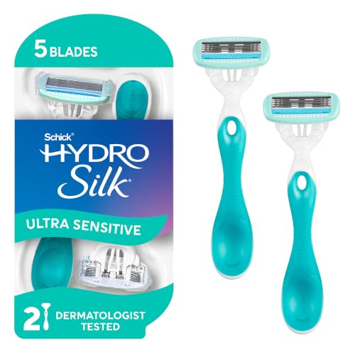 Schick Hydro Silk Sensitive Womens Disposable Razors, 2 Count, 5-Blade Disposable Razors for Women Sensitive Skin, Travel Razor for Women
