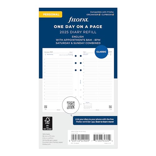 Filofax Calendar Diary Refill, Personal/Compact Size, Day on One Page with Appointments, Ruled, White Paper, English, 2025 (C68441-25)