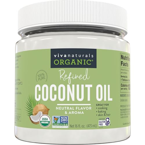 Viva Naturals Refined Coconut Oil, 16 fl oz – Expeller-Pressed, USDA Organic, Neutral Flavor & Aroma, Ideal for Cooking, Baking, Hair & Skin Moisturizer