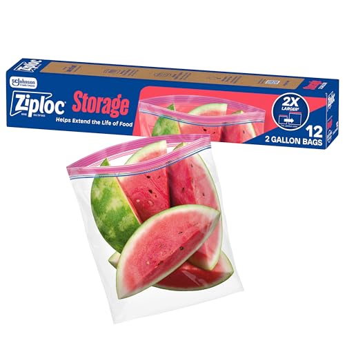 Ziploc 2 Gallon Food Storage Bags, Stand-Up Bottom, Easy to Fill, 12 Bags Total