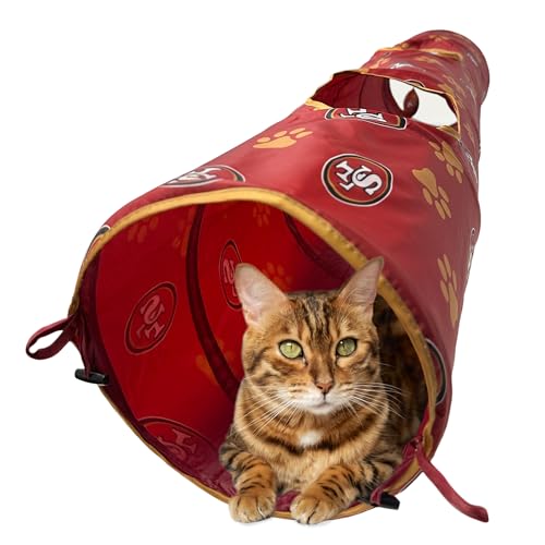 NFL San Francisco 49ers Cat Tunnel Tube Toy with Plush Football Catnip and Feathers Collapsible Tunnel for Cats to Play, Peek and Hide, Sporty & Fun Cat Tunnel Toy with Team Logo All-Over Design!