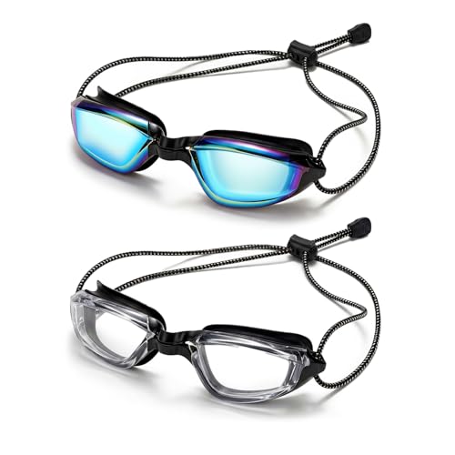 Aegend 2 Pack Professional Swimming Goggles for Adults, No Leak Mirrored Swim Goggles with Bungee Strap, Anti-Fog UV Protection Triathlon Goggles for Men Women Open Water & Pool