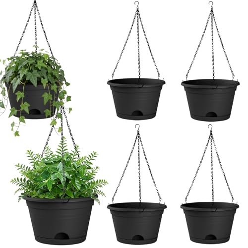 Nooulap 6 Pack Hanging Planters, 10 Inch Plant Pot with Hanger Chain & Drainage Trays, Hanging Baskets for Plants Outdoor Indoor, Hanging Flowers, Vegetables, Herbs (Black-6 Pack, 10 inch)