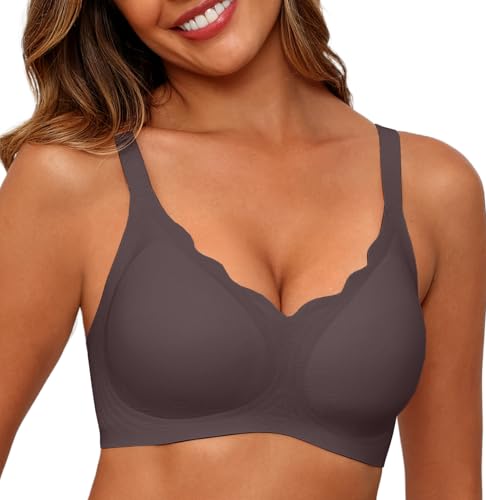 SHIJIALI Jelly Bras for Women Scalloped Push Up Full Coverage No Underwire Bra Wireless Comfort Tshirt Bra Gray