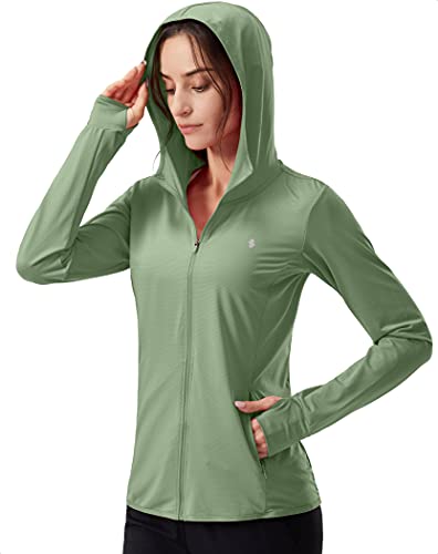 Soothfeel Women's UPF 50+ Sun Protection Hoodie Jacket Lightweight Long Sleeve Sun Shirt for Women with Pocket Hiking Outdoor C-Green