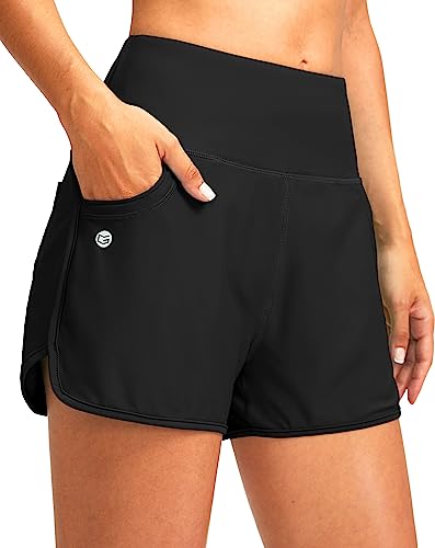 G Gradual Women's 3" High Waisted Swim Board Shorts with Pockets Quick Dry Swimsuit Bottoms Bathing Suit for Women with Liner(Black,M)