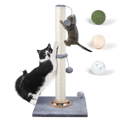 Fantasreen 31" Cat Scratching Post Kitten Toys for Indoor Cats, Interactive Cat Scratcher with Catnip Balls, Sisal Scratch Rope for Large Cats, Grey