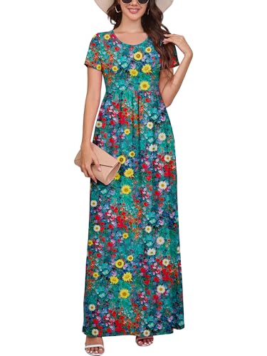 DEARCASE Women Floral Maxi Dress Rapeseed Petals Medium Round Neck Boho Short Sleeve Sundresses A-line Casual Hawaiian Flowy Spring Summer Vacation Beach Long Dresses with Pockets